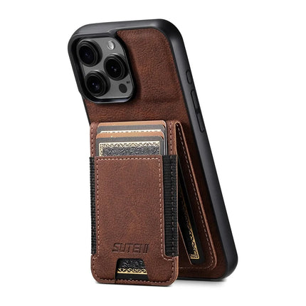 SUTENI H03 For iPhone 16 Pro Max Case Card Holder Kickstand Litchi Texture Leather+TPU Phone Cover