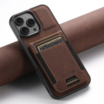 SUTENI H03 For iPhone 16 Pro Max Case Card Holder Kickstand Litchi Texture Leather+TPU Phone Cover