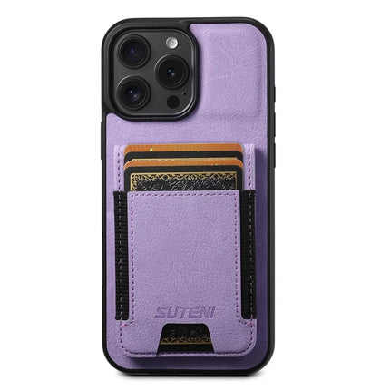 SUTENI H03 For iPhone 16 Pro Max Case Card Holder Kickstand Litchi Texture Leather+TPU Phone Cover - Purple