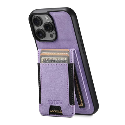 SUTENI H03 For iPhone 16 Pro Max Case Card Holder Kickstand Litchi Texture Leather+TPU Phone Cover