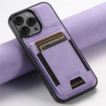 SUTENI H03 For iPhone 16 Pro Max Case Card Holder Kickstand Litchi Texture Leather+TPU Phone Cover