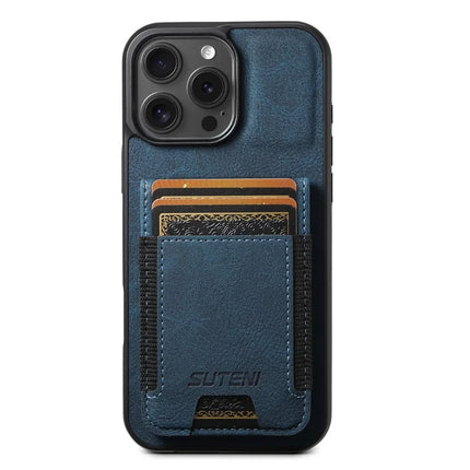 SUTENI H03 For iPhone 16 Pro Max Case Card Holder Kickstand Litchi Texture Leather+TPU Phone Cover - Blue