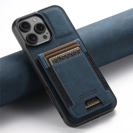 SUTENI H03 For iPhone 16 Pro Max Case Card Holder Kickstand Litchi Texture Leather+TPU Phone Cover