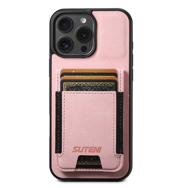SUTENI H03 For iPhone 16 Pro Case Card Holder Kickstand Litchi Texture Leather+TPU Phone Cover - Pink