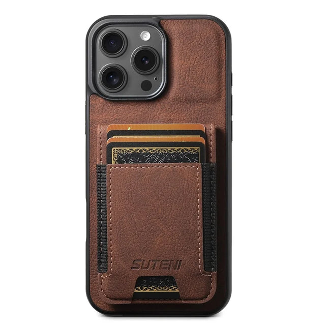 SUTENI H03 For iPhone 16 Pro Case Card Holder Kickstand Litchi Texture Leather+TPU Phone Cover - Brown