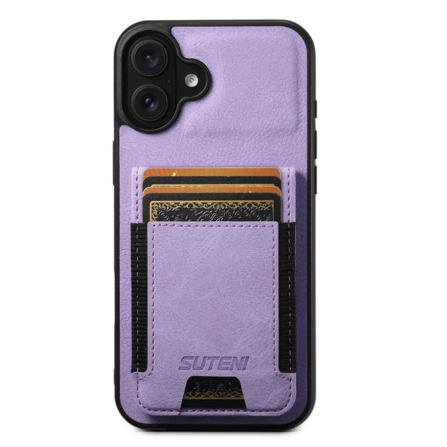 SUTENI H03 For iPhone 16 Plus Case Card Holder Kickstand Litchi Texture Leather+TPU Phone Cover - Purple