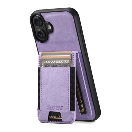 SUTENI H03 For iPhone 16 Plus Case Card Holder Kickstand Litchi Texture Leather+TPU Phone Cover