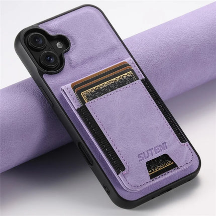 SUTENI H03 For iPhone 16 Plus Case Card Holder Kickstand Litchi Texture Leather+TPU Phone Cover