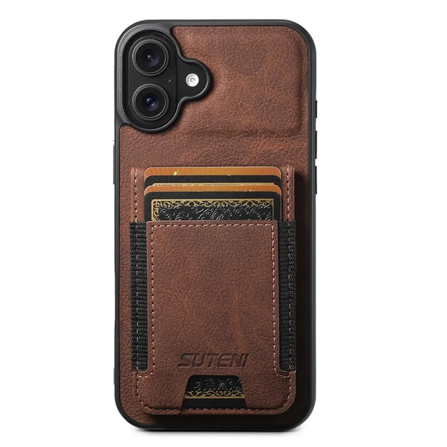 SUTENI H03 For iPhone 16 Plus Case Card Holder Kickstand Litchi Texture Leather+TPU Phone Cover - Brown