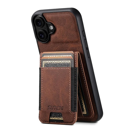 SUTENI H03 For iPhone 16 Plus Case Card Holder Kickstand Litchi Texture Leather+TPU Phone Cover