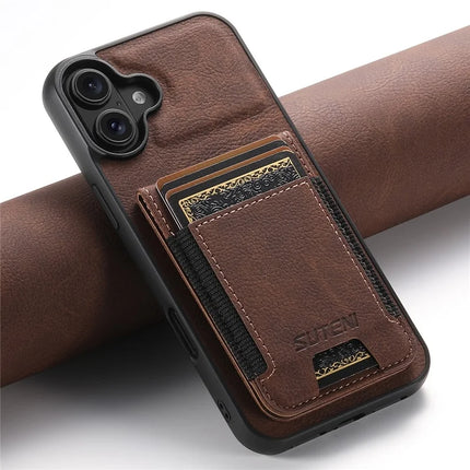 SUTENI H03 For iPhone 16 Plus Case Card Holder Kickstand Litchi Texture Leather+TPU Phone Cover