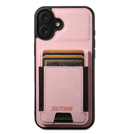 SUTENI H03 For iPhone 16 Plus Case Card Holder Kickstand Litchi Texture Leather+TPU Phone Cover - Pink
