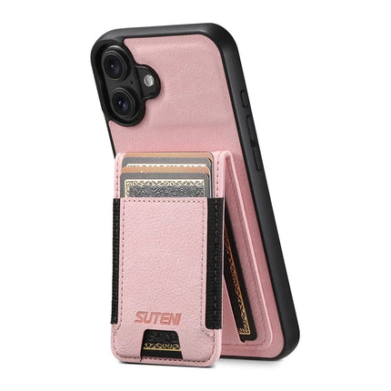 SUTENI H03 For iPhone 16 Plus Case Card Holder Kickstand Litchi Texture Leather+TPU Phone Cover
