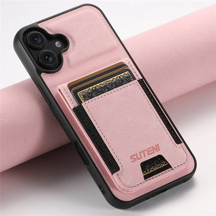 SUTENI H03 For iPhone 16 Plus Case Card Holder Kickstand Litchi Texture Leather+TPU Phone Cover