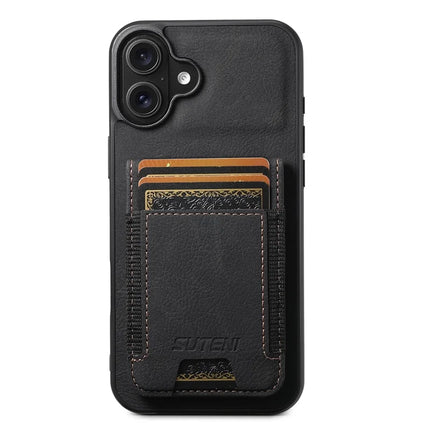 SUTENI H03 For iPhone 16 Plus Case Card Holder Kickstand Litchi Texture Leather+TPU Phone Cover - Black
