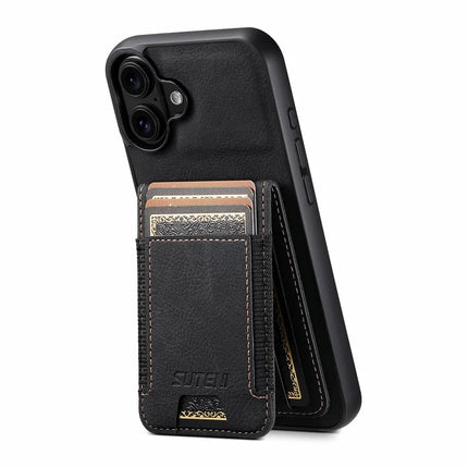 SUTENI H03 For iPhone 16 Plus Case Card Holder Kickstand Litchi Texture Leather+TPU Phone Cover