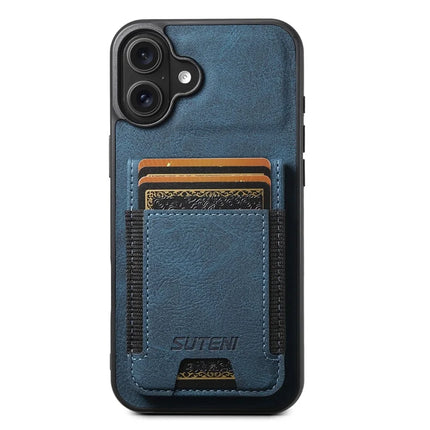 SUTENI H03 For iPhone 16 Plus Case Card Holder Kickstand Litchi Texture Leather+TPU Phone Cover - Blue