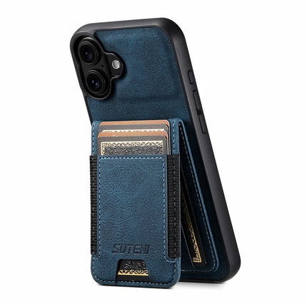 SUTENI H03 For iPhone 16 Plus Case Card Holder Kickstand Litchi Texture Leather+TPU Phone Cover