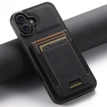 SUTENI H03 For iPhone 16 Case Card Holder Kickstand Litchi Texture Leather+TPU Phone Cover