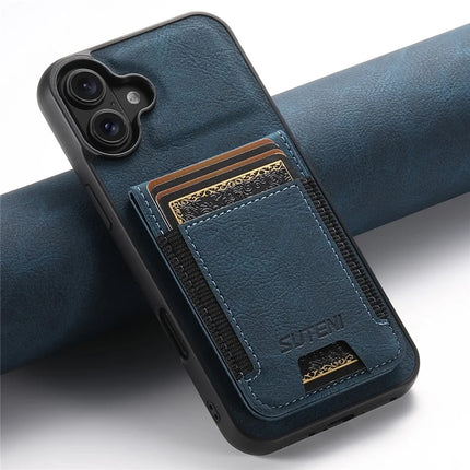 SUTENI H03 For iPhone 16 Case Card Holder Kickstand Litchi Texture Leather+TPU Phone Cover