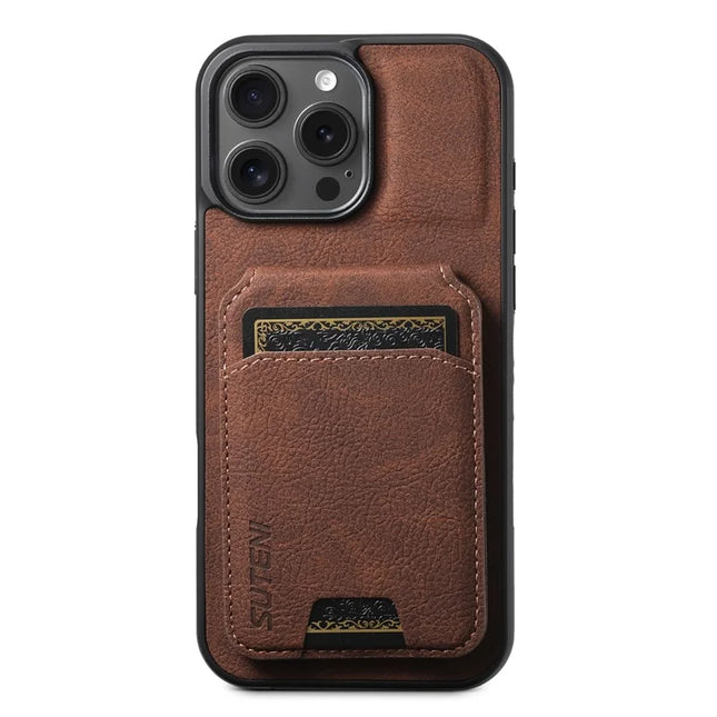 SUTENI H02 For iPhone 16 Pro Max Case Card Slots Kickstand Litchi Texture Leather+TPU Cover - Brown