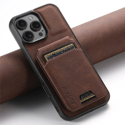 SUTENI H02 For iPhone 16 Pro Max Case Card Slots Kickstand Litchi Texture Leather+TPU Cover