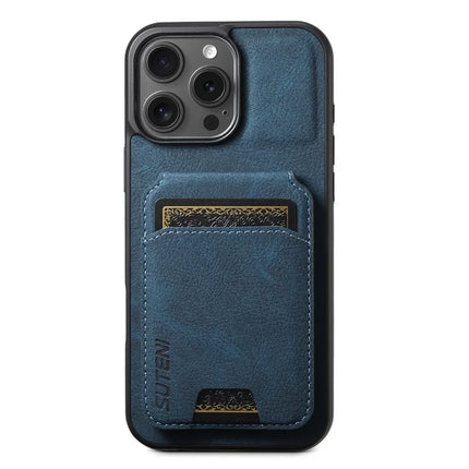 SUTENI H02 For iPhone 16 Pro Max Case Card Slots Kickstand Litchi Texture Leather+TPU Cover - Blue
