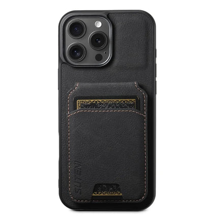 SUTENI H02 For iPhone 16 Pro Max Case Card Slots Kickstand Litchi Texture Leather+TPU Cover - Black