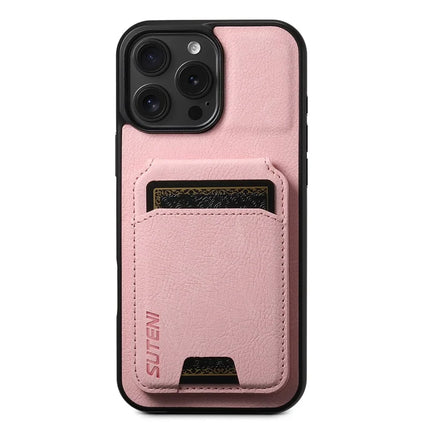 SUTENI H02 For iPhone 16 Pro Max Case Card Slots Kickstand Litchi Texture Leather+TPU Cover - Pink