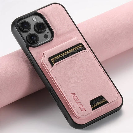 SUTENI H02 For iPhone 16 Pro Max Case Card Slots Kickstand Litchi Texture Leather+TPU Cover