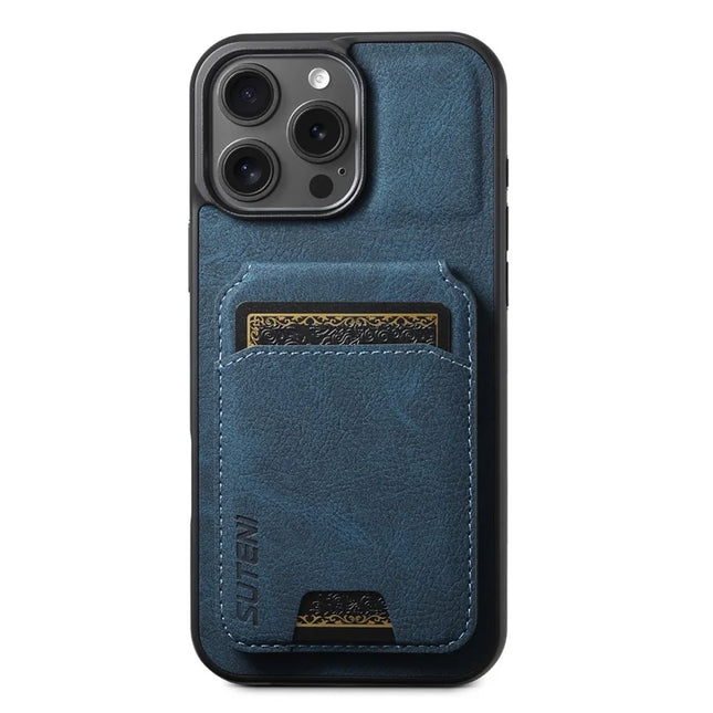 SUTENI H02 For iPhone 16 Pro Case Card Slots Kickstand Litchi Texture Leather+TPU Cover - Blue
