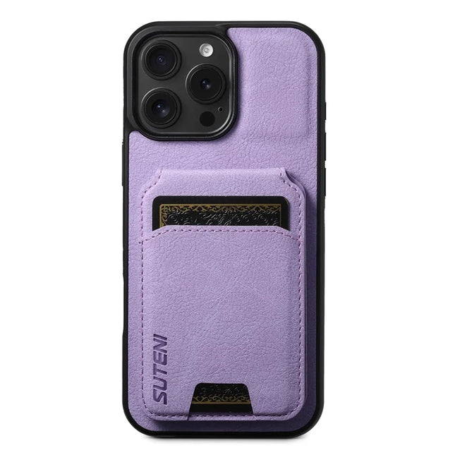 SUTENI H02 For iPhone 16 Pro Case Card Slots Kickstand Litchi Texture Leather+TPU Cover - Purple