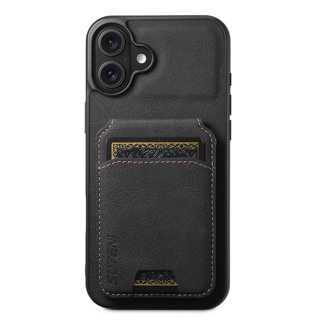 SUTENI H02 For iPhone 16 Plus Case Card Slots Kickstand Litchi Texture Leather+TPU Cover - Black