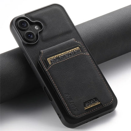 SUTENI H02 For iPhone 16 Plus Case Card Slots Kickstand Litchi Texture Leather+TPU Cover