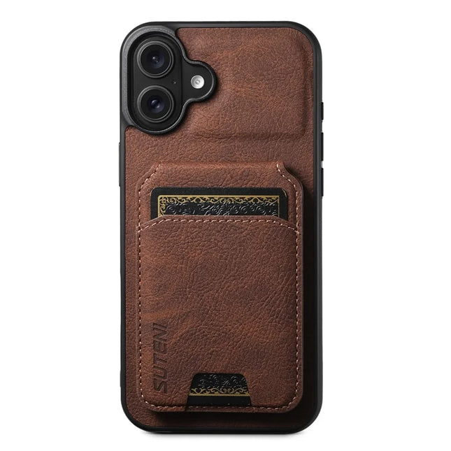 SUTENI H02 For iPhone 16 Plus Case Card Slots Kickstand Litchi Texture Leather+TPU Cover - Brown