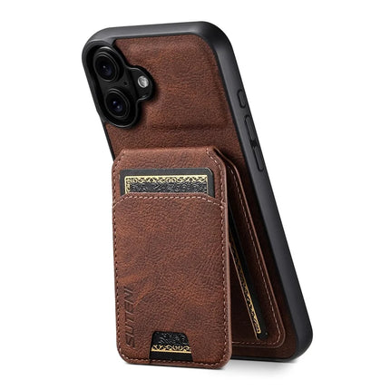 SUTENI H02 For iPhone 16 Plus Case Card Slots Kickstand Litchi Texture Leather+TPU Cover