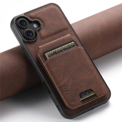 SUTENI H02 For iPhone 16 Plus Case Card Slots Kickstand Litchi Texture Leather+TPU Cover