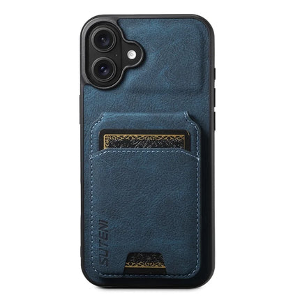SUTENI H02 For iPhone 16 Plus Case Card Slots Kickstand Litchi Texture Leather+TPU Cover - Blue