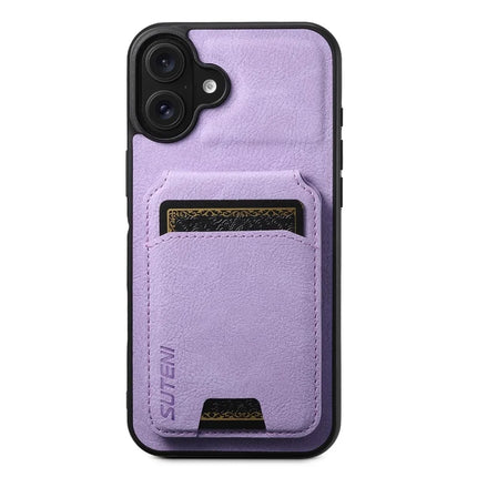 SUTENI H02 For iPhone 16 Plus Case Card Slots Kickstand Litchi Texture Leather+TPU Cover - Purple