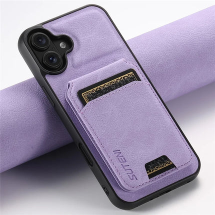 SUTENI H02 For iPhone 16 Plus Case Card Slots Kickstand Litchi Texture Leather+TPU Cover