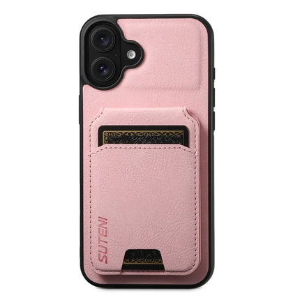 SUTENI H02 For iPhone 16 Plus Case Card Slots Kickstand Litchi Texture Leather+TPU Cover - Pink