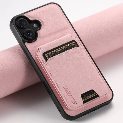 SUTENI H02 For iPhone 16 Plus Case Card Slots Kickstand Litchi Texture Leather+TPU Cover