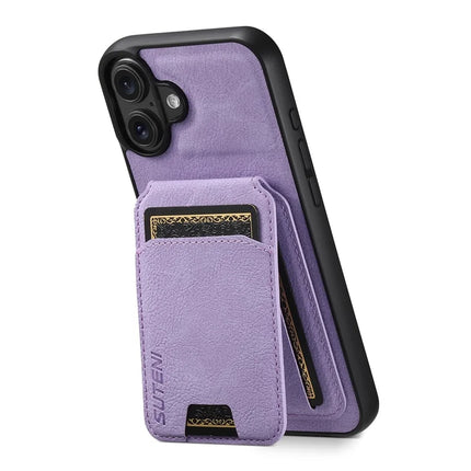 SUTENI H02 For iPhone 16 Case Card Slots Kickstand Litchi Texture Leather+TPU Cover