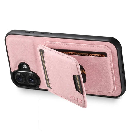 SUTENI H02 For iPhone 16 Case Card Slots Kickstand Litchi Texture Leather+TPU Cover