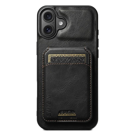 SUTENI H02 For iPhone 16 Plus Case Waxy Texture Leather+TPU Card Slots Kickstand Phone Cover - Black