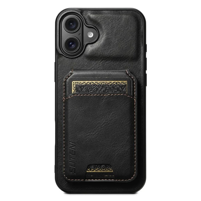 SUTENI H02 For iPhone 16 Plus Case Waxy Texture Leather+TPU Card Slots Kickstand Phone Cover - Black