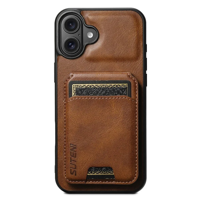 SUTENI H02 For iPhone 16 Plus Case Waxy Texture Leather+TPU Card Slots Kickstand Phone Cover - Brown