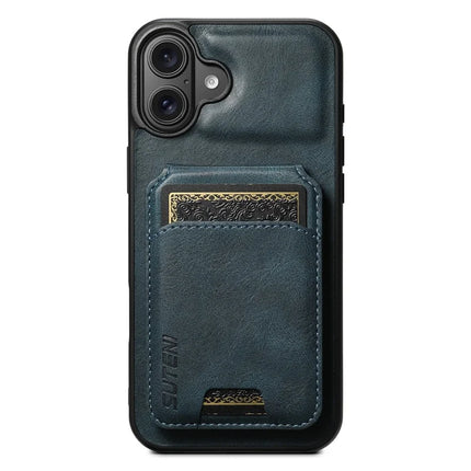 SUTENI H02 For iPhone 16 Plus Case Waxy Texture Leather+TPU Card Slots Kickstand Phone Cover - Blue