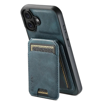 SUTENI H02 For iPhone 16 Plus Case Waxy Texture Leather+TPU Card Slots Kickstand Phone Cover