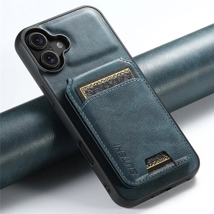 SUTENI H02 For iPhone 16 Plus Case Waxy Texture Leather+TPU Card Slots Kickstand Phone Cover